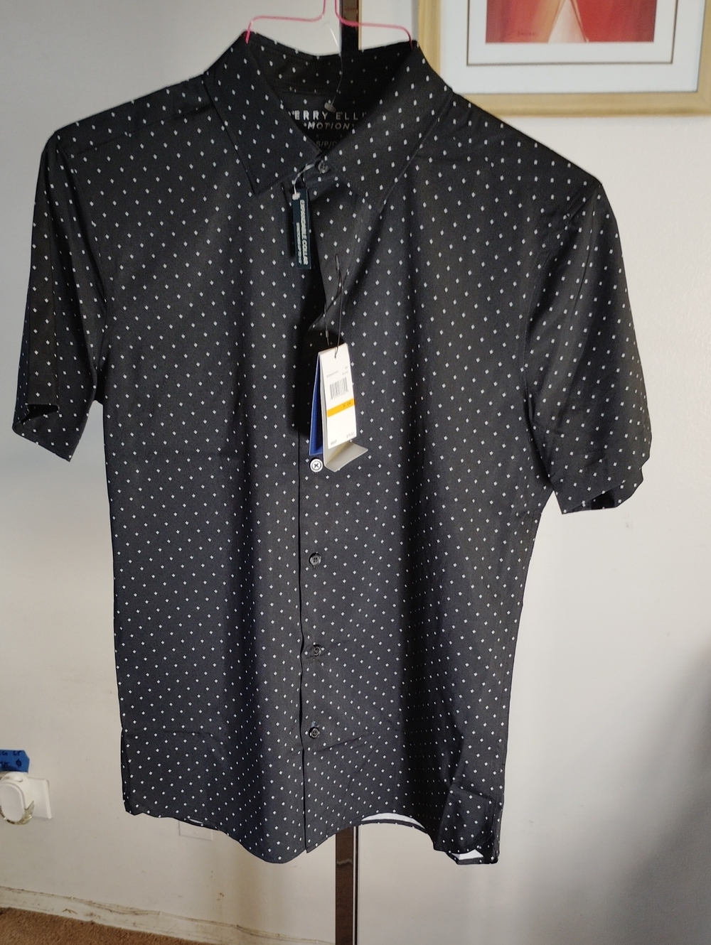 Perry Ellis Black Short-Sleeve Button-Down with White Dot Print